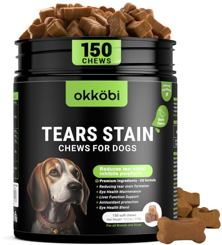 OKKÖBI Tear Stain Chews and Eye Vitamins for Dogs - 150 Vision Soft Bites - Eye Supplements for Dogs with Lutein, Eyebright, Cranberry & Vitamin C - Duck Flavor