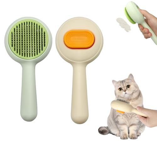 HYSHLC 2 Stück Katzenbürste Hundebürste, Katzenkamm Entfernt Knoten und Lose Haare, Unterfellbürste Katze mit Entriegelungsknopf für Langhaarige und Kurzhaarige Katzen und Hunde (Gelb+Grün)