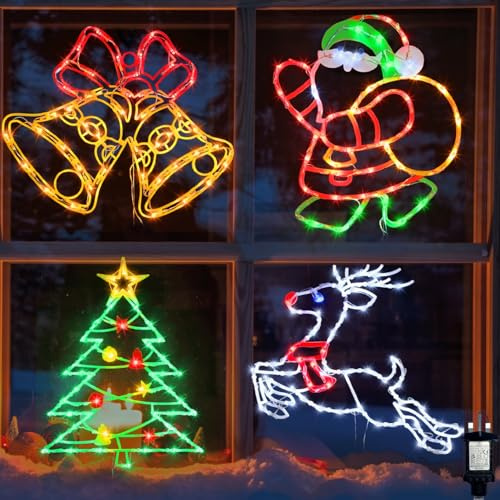 Pytopkto Christmas Window Silhouettes Lights - 16LED coloured decorations Set of 4 (Santa,Reindeer,Christmas Tree,Bell) - Indoor and Outdoor Decor for Walls,Doors & Windows Decorate
