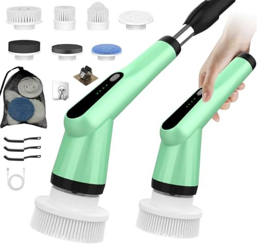Cepillo Electrico Limpieza Hogar, Giratoria Cepillo de Limpieza 7 en 1, Cepillo Limpieza Electrico con Impermeable IPX7 y Mango Ajustable para Baño, Cocina, Coche, Suelos, Azulejos (Verde)