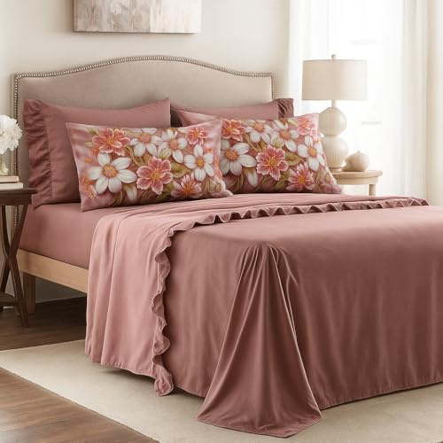 Masterhouse Completo Letto Matrimoniale Rosa Terracotta in Cotone 250x290 Made in Italy con Lenzuolo Sotto 180x200, Volant e 4 Federe (2 Cotone + 2 Microfibra Stampa Floreale) – Elegante e Anallergico