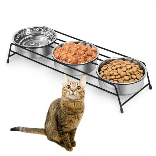 HUNIGIR Erhöhte Katzennäpfe für Hunde und Katzen, 3 Edelstahl-Futterschalen für Katzen, Welpen, Kaninchen