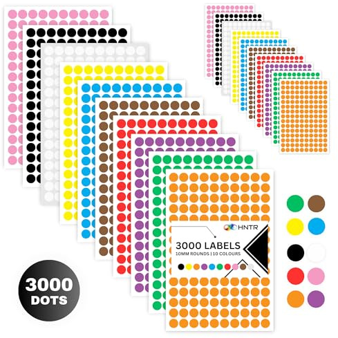 HNTR® 3000 Klebepunkte 10 mm Selbstklebend – 10 leuchtende Farben – Runde Farbige Aufkleber für Büro, Schule & Basteln