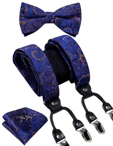 DiBanGu Blue Brown Paisley Bow Tie and Supenders for Men Tuxedo Heavy Duty 6 Clips Suspender Adjustable Y-Shape Mens Trouser Braces