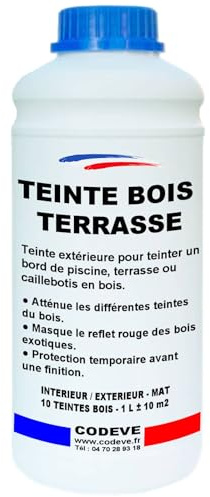Teinte Terrasse Bois - Codeve Bois/Chêne moyen - 1L - Intérieur/extérieur - Pour Teinter Un Bord De Piscine, Terrasse Ou Caillebotis En Bois.