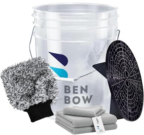 BenBow Autowäsche-Set: Transparenter 20-Liter-Wascheimer mit Schmutzsieb + Waschhandschuh & 3 Mikrofasertücher – optimale Trennung von Schmutz – ideal für die Handwäsche des Autos