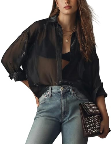 Wyeysyt Womens Shiny Sheer Blouse Top Sexy Mesh Shirt See Through Long Sleeve Shirts Button Down Collared Tops(Black-M)