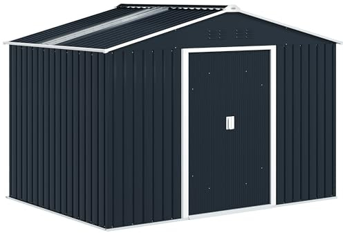 Outsunny Abri de Jardin en Acier galvanisé XXL 5,4 m² avec kit de Fondation 277x195x192cm, cabane de Jardin Toit en Fibre de Verre, cabanon Rangement Outils Portes coulissantes 4 aérations Gris foncé