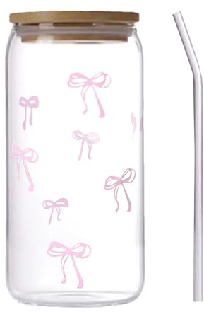 Duvcoywae Gobelet En Verre Avec Couvercle Et Paille - 500ML Tasse En Verre Avec Nœud Rose, Gobelet Mignon Pour Le Thé, Café Glacé Ou Le Cocktail, L'eau Potable, Cadeau Pour Femmes, Filles, Amies