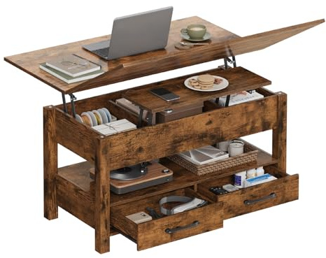 WOLTU Couchtisch höhenverstellbar, Wohnzimmertisch klappbar, 2 Schubladen, 1 offenes Fach und 3 versteckte Fächer unter Tischplatte, für Wohnzimmer Homeoffice, Rustikales Braun
