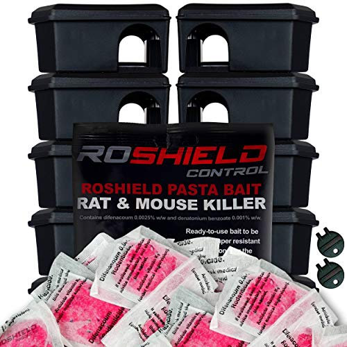 Roshield Black Tamper-Proof Mouse Bait Boxes & 30 Pasta Sachet Mice Poison Killer Kit | Safe Control Around Children & Pets (2 x 150g Packs)