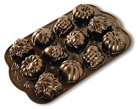 Nordic Ware Autumn Delights Cakelet Pan, 3D Cast Aluminium Bundt Tin, Bundt Cake Tin with Autumn Pattern, Premium Cake Mould Made in The USA, Colour: Bronze Transparent