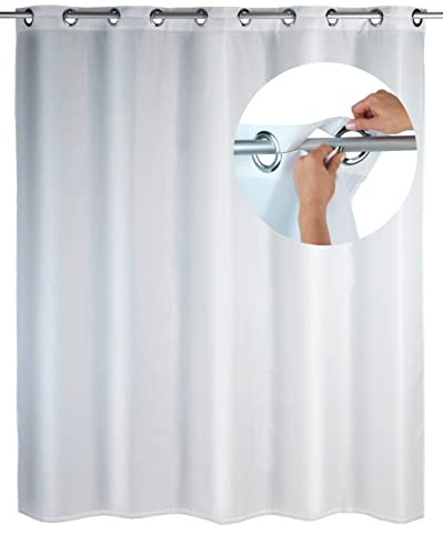 WENKO Duschvorhang Comfort Flex Weiß, Textil-Vorhang fürs Badezimmer, große integrierte Ringe zur Befestigung an der Duschstange, waschbar,wasserabweisend, 180 x 200 cm