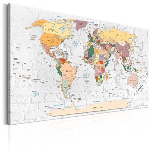 Pinnwand B&D XXL Weltkarte Pinnwand & Vlies Leinwand Bild 90x60 cm Bilder mit Kork Rückwand 1 Teilig Kunstdruck Korktafel Korkwand Memoboard Pinboard Wandbilder Karte Landkarte k-C-0034-p-b