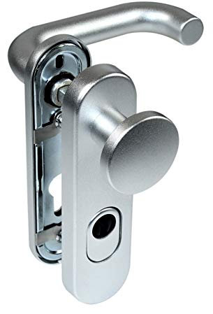 SN-TEC Stahltür FH Tür Schutzbeschlag mit Ziehschutz für Feuerschutztüren, mit einseitigen Knauf, abgerundetes Schild, Aluminium F1 mit 14mm Stahlplatte