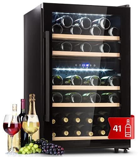 KLARSTEIN Vinoteca, 41 Botellas, Nevera Vinos de una Zona, Nevera Expositora Vino y Cerveza, Vinoteca Pequeña Interior y Exterior con Puerta de Cristal, Vino Protección UV, Panel Táctil, 5-18°C