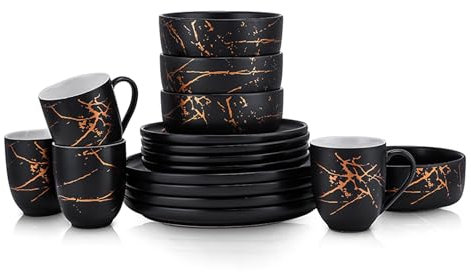 Stone Lain Porcelain 16 Piece Dinnerware Set, 4 Full Black Gold Splash Sets