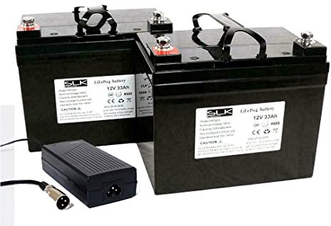 SLK Power Mobility Scooter Lithium Battery Pair of 2 x 12v 33ah + Charger Bundle. Superior High Performance, Reliable And long Lasting Replacement Batteries For Electric Scooters And Wheelchairs