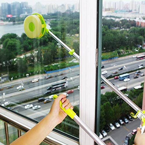 Telescopic U-Type Window Cleaner, High-Rise Glass Dust Window Cleaning Washing Brush Equipment, Adjustable Various Angles, 2 in 1 Window Squeegee Washable Sponge Head - Sliver & Green
