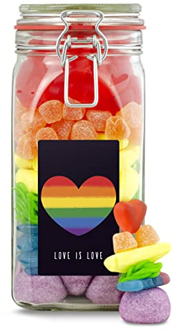 Love is Love Regenbogen-Süßigkeitenglas – Süßigkeiten-Mix in Regenbogenfarben, Pride-Geschenk für LGBTQ+