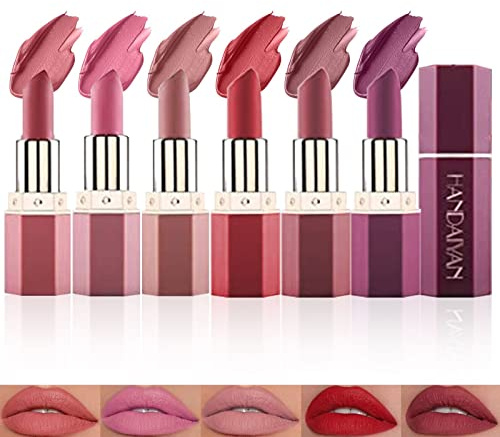 6 Farben Lippenstift Set, Matt Samt Glatte Feuchtigkeitscreme Lippenstift Langlebig Wasserdicht Antihaft Tasse Sexy Nude Lippenstift Makeup Geschenkset(A)