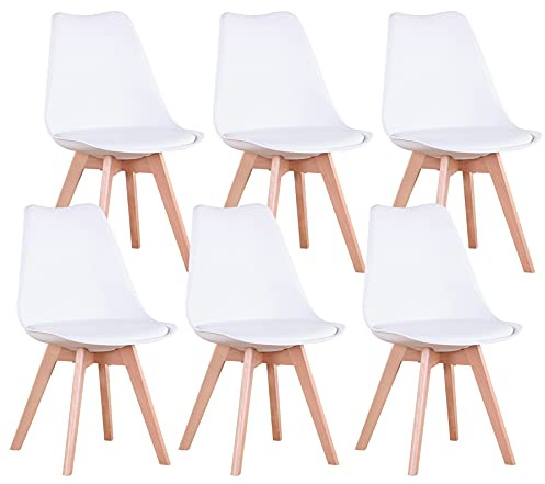EGOONM Set di 6 Sedie da Pranzo Scandinave, Sedie da Imbottite Retrò da Cucina/Sedia da Ufficio con Gambe in Legno massello di faggio (6, Bianco)