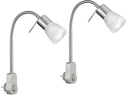 meineWunschleuchte 2er SET Steckerspots Silber Glas Lampenschirm Weiß mit Schalter & Flexarm, 40cm