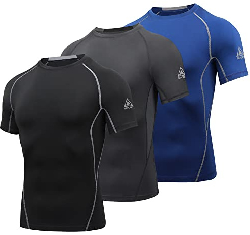 AMZSPORT Chemise de Compression à Manches Courtes pour Hommes T-Shirts à Séchage Rapide pour Sport et Course à Pied Top de Base, 3 Paquet, Noir, Gris, Bleu XXL