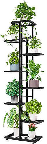 QUMENEY Soporte de metal para plantas de 8 niveles, varios estantes para macetas, organizador de almacenamiento para interior y exterior, balcón, jardín, gris oscuro y plateado