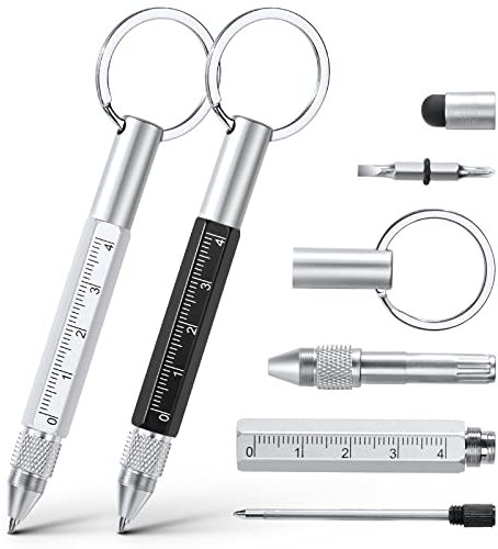 Vicloon Penna Multifunzione, 2Pcs 6 in 1 Multifunzione Strumento Penna con Penna a Sfera, Righello, Portachiavi, Cacciavite (Intaglio e Croce) e Penna Touch Screen, Tool Pen Regalo Festa del Papà DIY