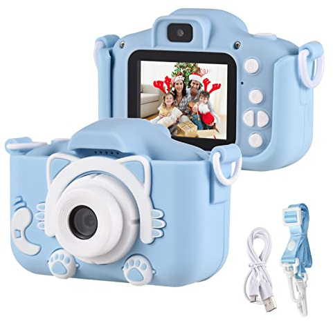 Andoer KinderKamera, Digitalkamera Kinder 1080P, 2,0 Kamera Kinder Fotoapparat mit Umhängeband, Geschenke für 3 4 5 6 8 7 9 10 11 12Jahre Jungen und mädchen, Blau Katze