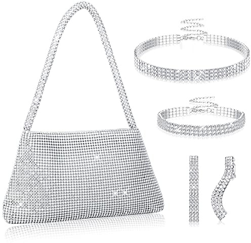 Dochais Borsa da Sera Glitter Argento con Strass e Set di Gioielli: Collane, Bracciali, Orecchini - Elegante per Donna, Cerimonia, Matrimonio, Festa, Bar