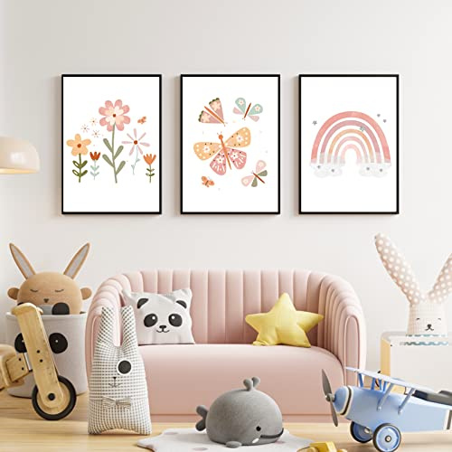 Encuryna Set med 3 affischer barnrum babyrum 40 x 30 cm, regnbågsfjärilar blommor, bilder utan ram, väggaffisch för pojke flicka