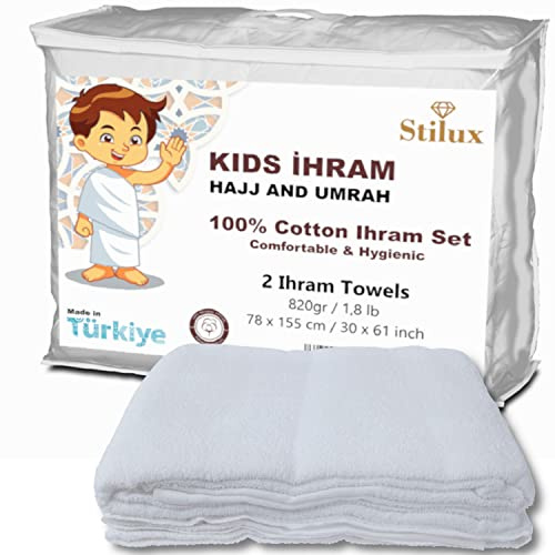 Stilux Barn deras Ehram Ahram Set för Hajj och Umrah 820gr | 2 vita handdukar 78 x 155 cm | 100 % naturlig bomull | hygienisk, bekväm och snabbtorkande
