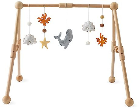 Promise Babe Spielbogen Baby Holz für Babies, Baby Spielbogen mit Abnehmbaren Meerestiere Spielzeuge zum Greifen,Wickeltisch Babybett Laufstall Spielbogen mit Plüsch Korallen Wale Delfine Muscheln