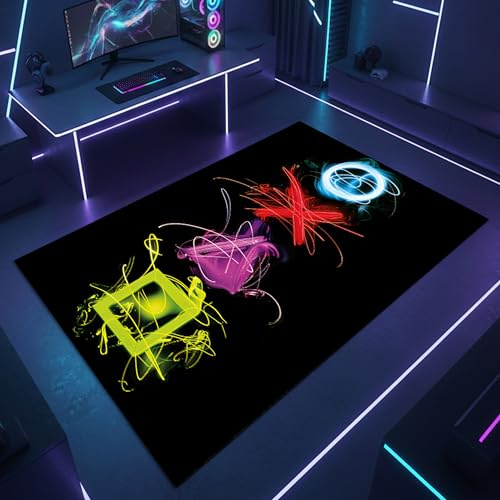 Teppich-Traum Gaming Teppich Neon Symbole Schwarz 50x90 cm | Leuchtende Icons auf dunklem Grund, rutschfeste Unterseite, waschbar, flach, pflegeleicht und für Saugroboter geeignet