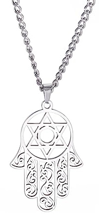 EUEAVAN Hamsa Mano di Fatima Collana Esagramma Stella di Davide Ciondolo Malocchio Ebraico Protezione Femminile Amuleto Simbolo Gioielli Donne Uomini (argento)