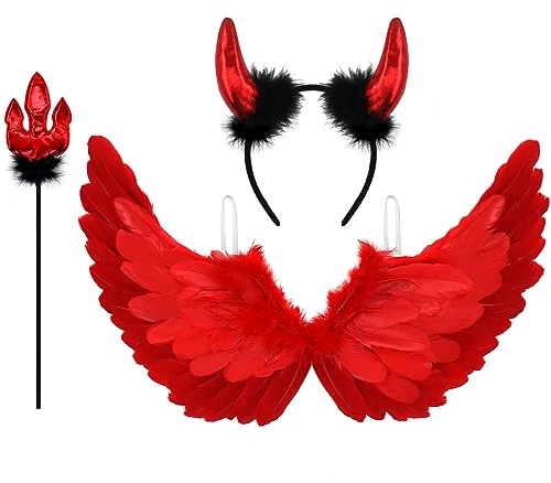Newthinking Alas de ángel y cuernos para adultos y niños, alas de plumas rojas para Halloween, disfraz de diablo de ángel para mujeres y niñas, 65 x 35 cm