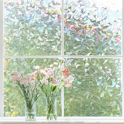 Linarun Fensterfolie Blickdicht Selbsthaftend,Sichtschutzfolie Fenster Bunt,3D Regenbogen Folie Fenster Statisch Haftend ohne Klebstoff Anti UV Sonnenschutz für Büro Wohnzimmer 60x200cm