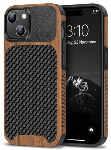 TENDLIN Kompatibel mit iPhone 15 Hülle Holz und Carbon Textur Design Leder Hybrid Handyhülle (Schwarz)