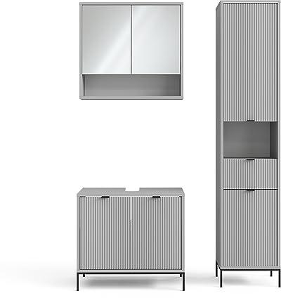 Vicco Badmöbel-Set Eliza, Grau, 70 cm | besteht aus Waschbeckenunterschrank, Spiegelschrank und Hochschrank
