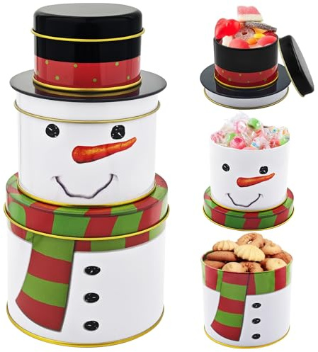TaimeiMao 3 tarros de galletas de Navidad, 3 en 1, muñeco de nieve, galletas, metal, 3 niveles, latas de almacenamiento para dulces, chocolates, galletas para invierno, Adviento y Navidad