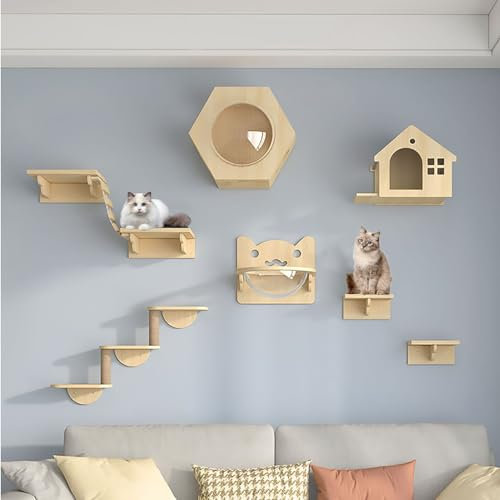 Kletterwand Katzen, Katzen Kletterwand DIY-Set, Kletterregale, Katzenregale, Inklusive Katzenkratzbaum, Verbindungsbrücke, Haus und Sprungplattform (Size : Style 4)
