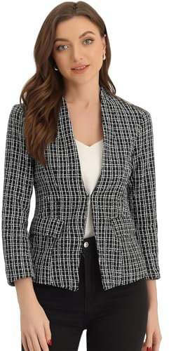 Allegra K Donna Blazer in Tweed per Giacche Scozzesi da Ufficio A Maniche Lunghe Senza Colletto da Lavoro Nero S