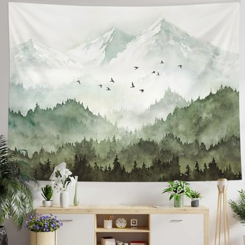 kampdream Wandteppich, Motiv: Bergwald, nebliger Salbei, grüner Baum, Landschaft, Aquarell-Kunst, für Schlafzimmer, Wohnzimmer, 111,8 x 152,4 cm