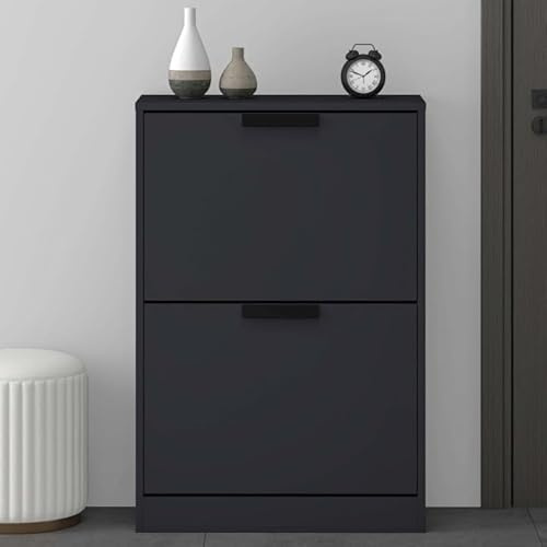 Mai & Mai Schuhschrank schmal 28cm tief Shoe Cabinet 2 Klappen | Schuhkipper Schmal matt Anthrazit für Flur & Diele, Schuhregal mit Kippfächern, BxTxH:60x28x89cm, Schuhschrank01