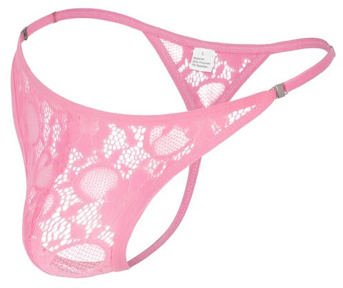 JOCKLAND Mens Lace Thong Sexy Low Rise T-back G-string with Adjustable Stretch Waistband Comfortable Men's Thong Underwear Pink