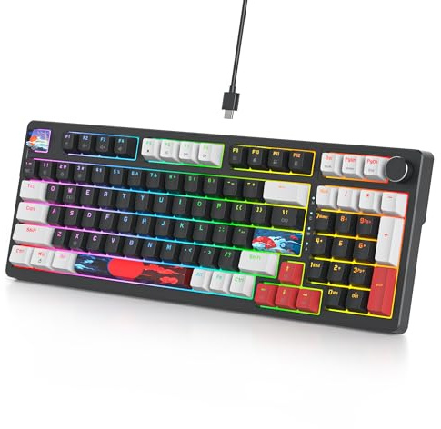 Ussixchare Wired Creamy Gaming Keyboard with Number Pad, 96% Hot-swappable Mechanical Keyboard, Full Layout Custom Keyboard Gasket Mounted with Red Switch Knob Control(Black)