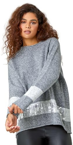 Roman Originals Sequin Colour Block Funnel Neck Jumper for Women UK - Ladies Everyday Autumn Winter Round Neckline Comfy Soft Evening Vacation Work Party Night Out - Grey - Size XL