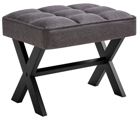 IBUYKE Taburete pequeño de 12 pulgadas de alto, taburete cuadrado de lino con patas en X de metal, multiusos como mesa auxiliar pequeña, taburete para sala de estar, dormitorio, entrada, oficina